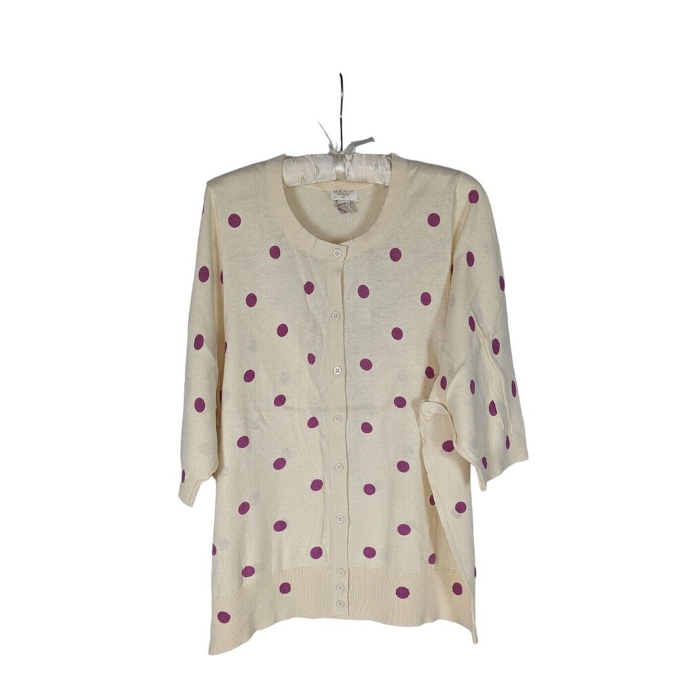 Melrose Chic Women's Cream Crew Neck Purple Polka Dot 3/4 Sleeve Sheer Cardigan